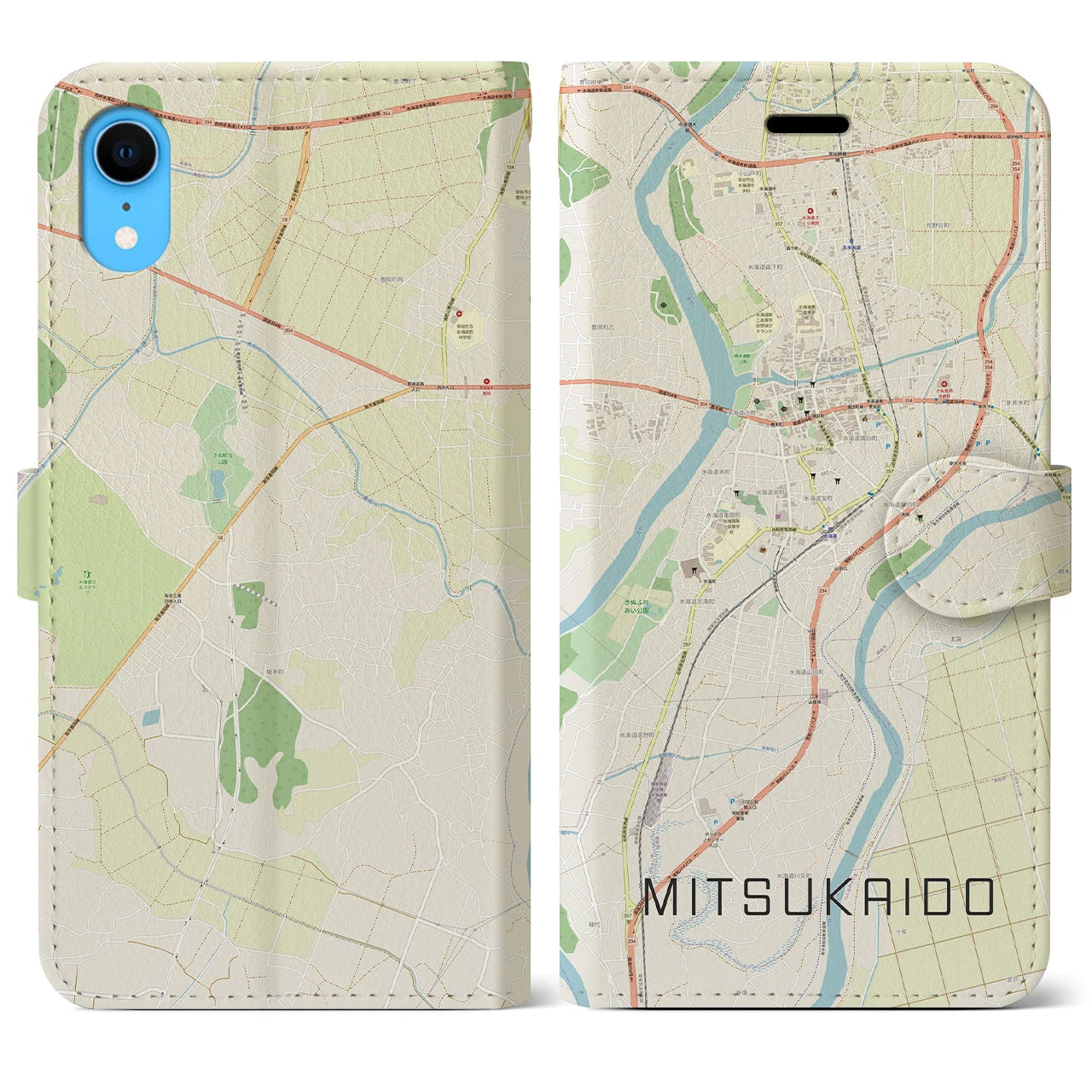 【水海道】地図柄iPhoneケース（手帳両面タイプ・ナチュラル）iPhone XR 用