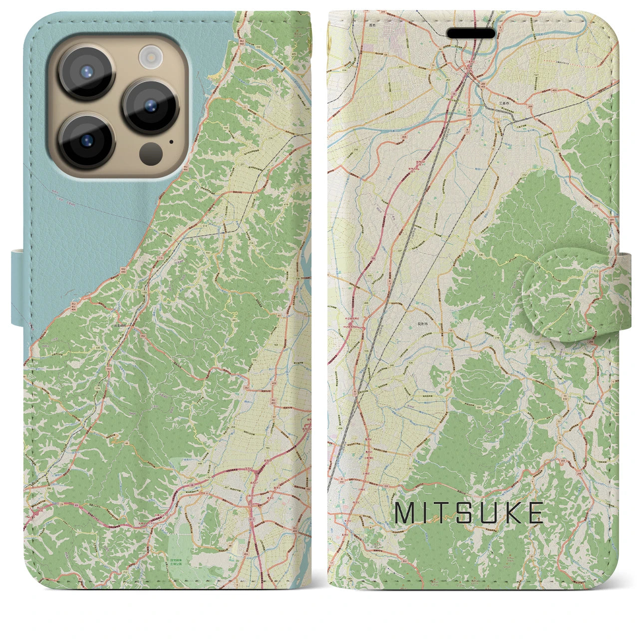 【見附】地図柄iPhoneケース（手帳両面タイプ・ナチュラル）iPhone 14 Pro Max 用