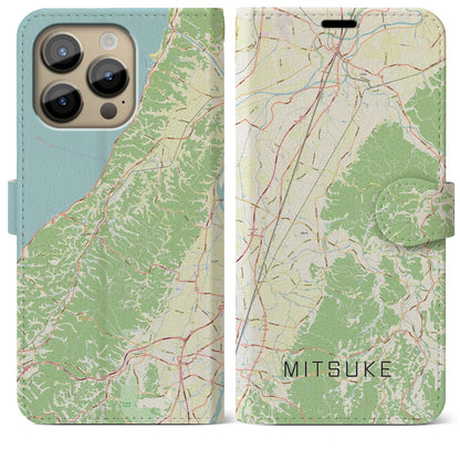 【見附（新潟県）】地図柄iPhoneケース（手帳タイプ）ナチュラル・iPhone 14 Pro Max 用