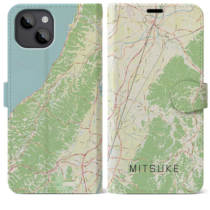 【見附（新潟県）】地図柄iPhoneケース（手帳タイプ）ナチュラル・iPhone 14 Plus 用