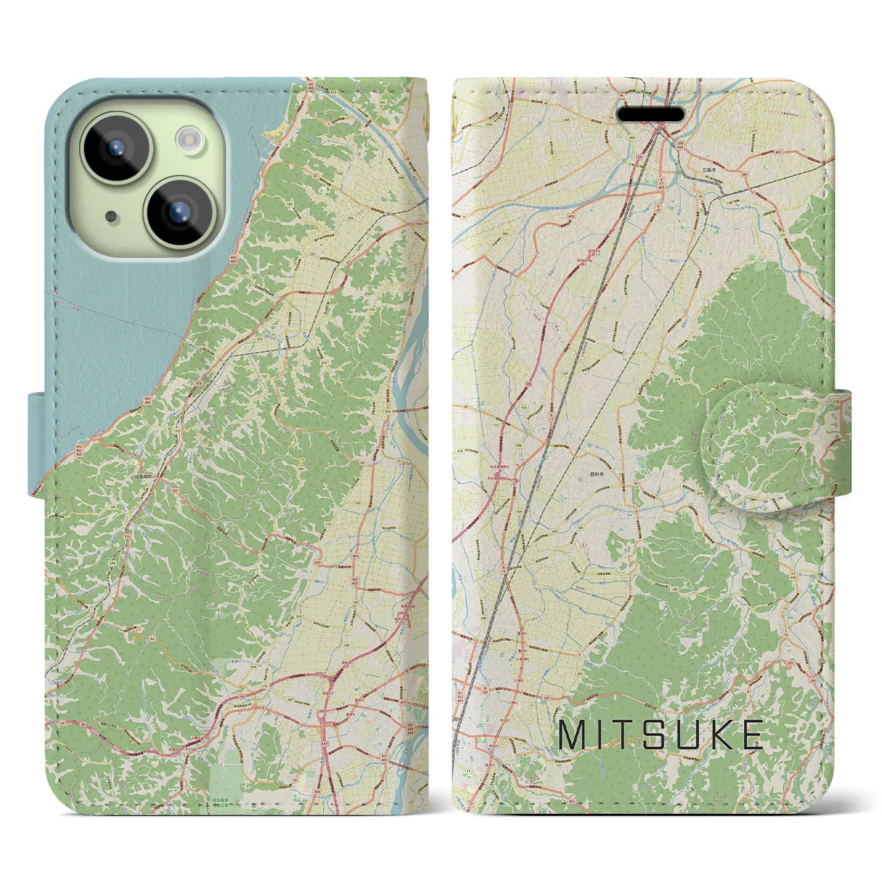 【見附】地図柄iPhoneケース（手帳両面タイプ・ナチュラル）iPhone 15 用