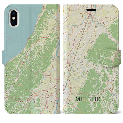 【見附（新潟県）】地図柄iPhoneケース（手帳タイプ）ナチュラル・iPhone XS Max 用