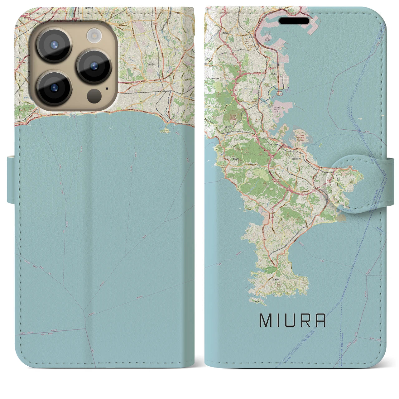 【三浦2】地図柄iPhoneケース（手帳両面タイプ・ナチュラル）iPhone 14 Pro Max 用