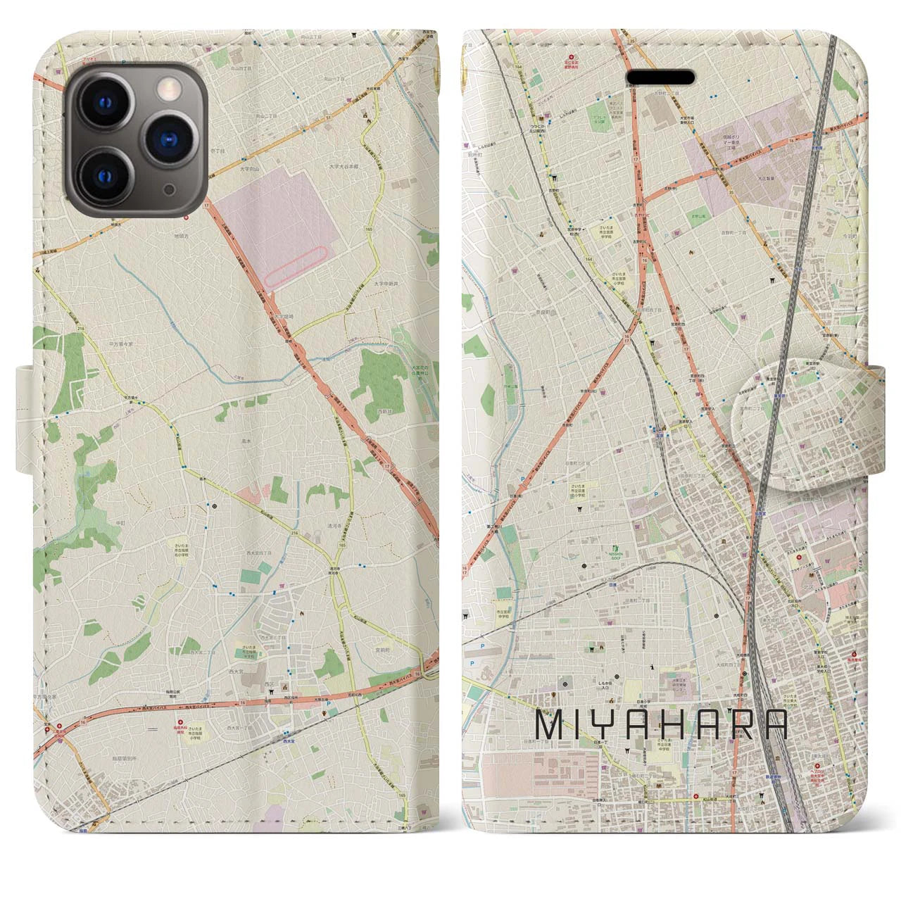 【宮原】地図柄iPhoneケース（手帳両面タイプ・ナチュラル）iPhone 11 Pro Max 用