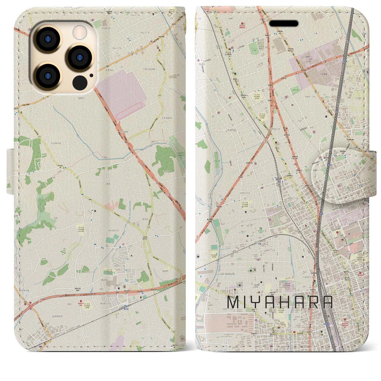 【宮原】地図柄iPhoneケース（手帳両面タイプ・ナチュラル）iPhone 12 Pro Max 用