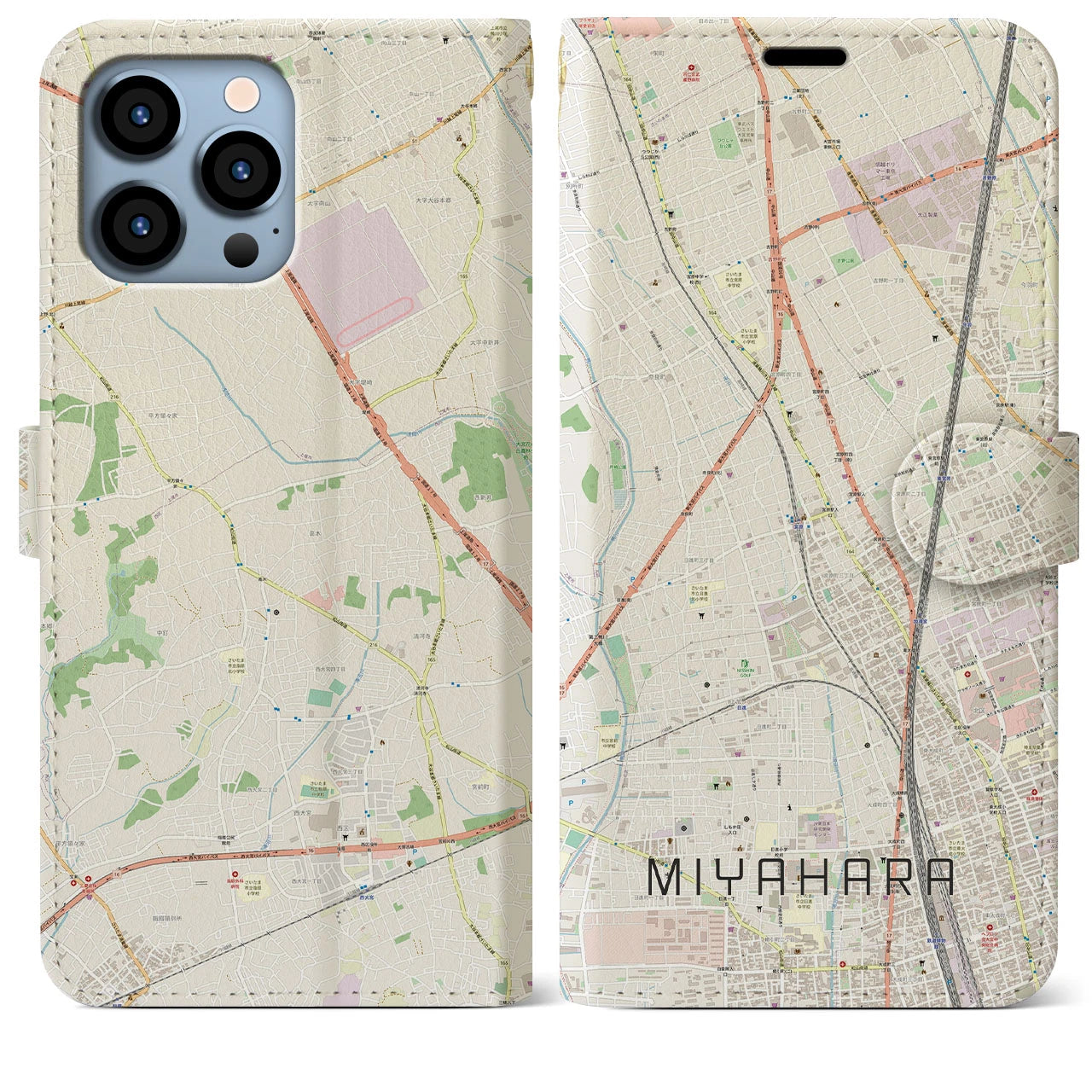 【宮原】地図柄iPhoneケース（手帳両面タイプ・ナチュラル）iPhone 13 Pro Max 用