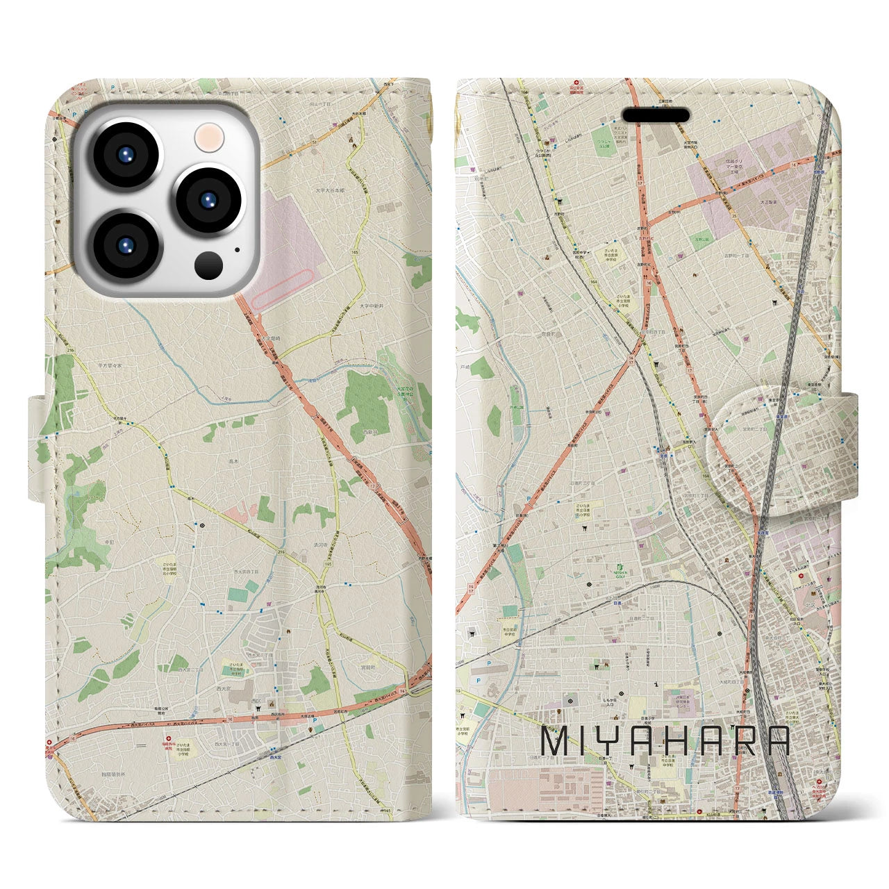 【宮原】地図柄iPhoneケース（手帳両面タイプ・ナチュラル）iPhone 13 Pro 用