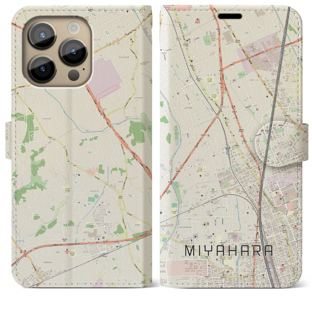 【宮原】地図柄iPhoneケース（手帳両面タイプ・ナチュラル）iPhone 14 Pro Max 用