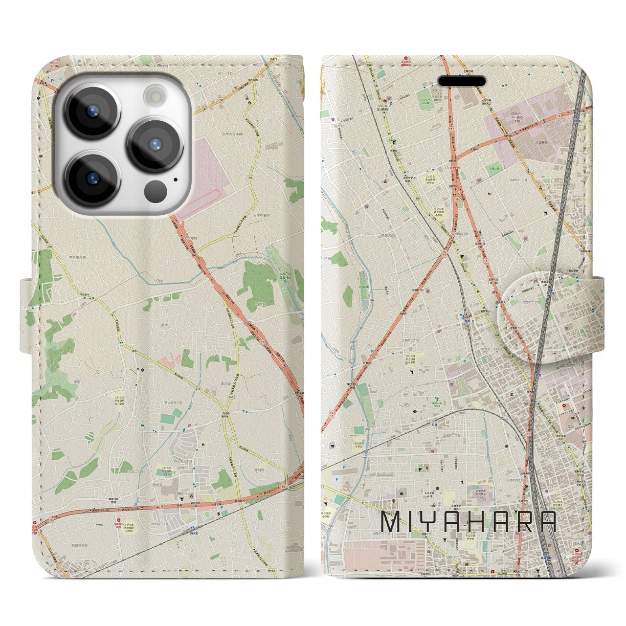 【宮原】地図柄iPhoneケース（手帳両面タイプ・ナチュラル）iPhone 14 Pro 用