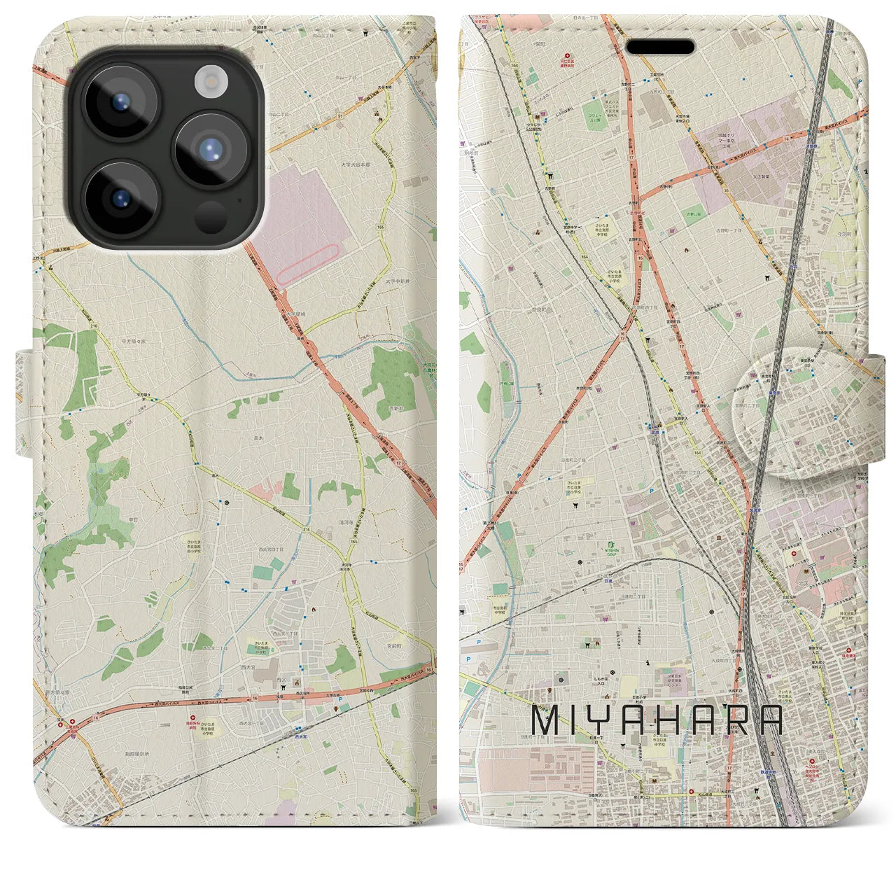 【宮原】地図柄iPhoneケース（手帳両面タイプ・ナチュラル）iPhone 15 Pro Max 用