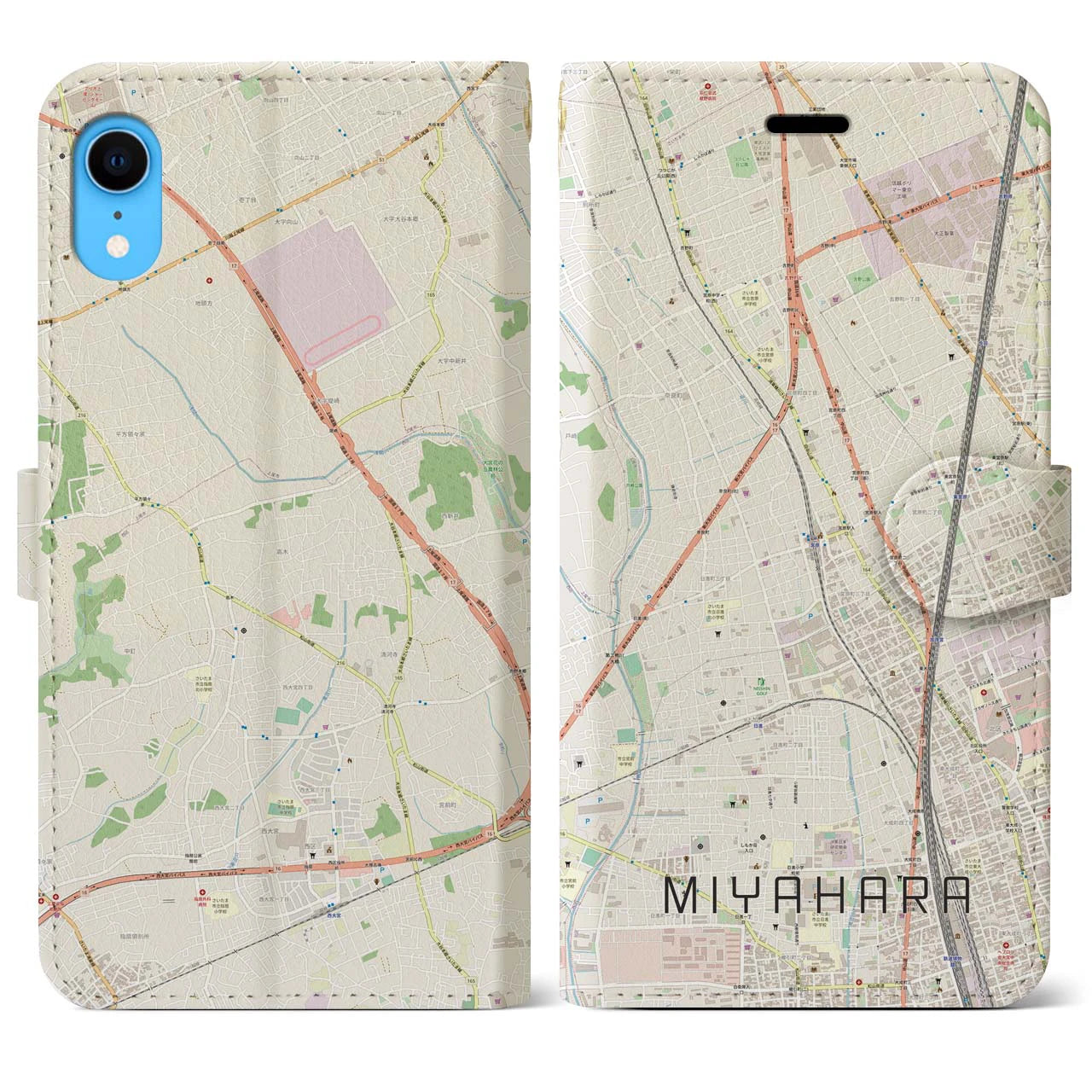 【宮原】地図柄iPhoneケース（手帳両面タイプ・ナチュラル）iPhone XR 用