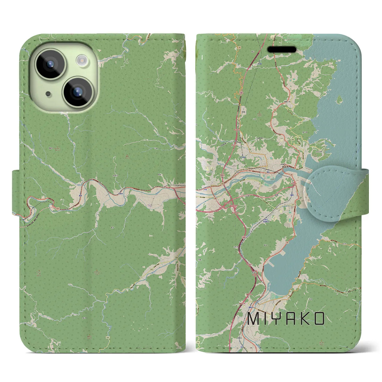 【宮古】地図柄iPhoneケース（手帳両面タイプ・ナチュラル）iPhone 15 用
