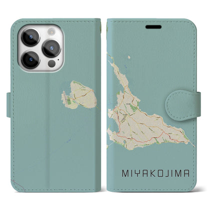 【宮古島（沖縄県）】地図柄iPhoneケース（手帳タイプ）ナチュラル・iPhone 14 Pro 用