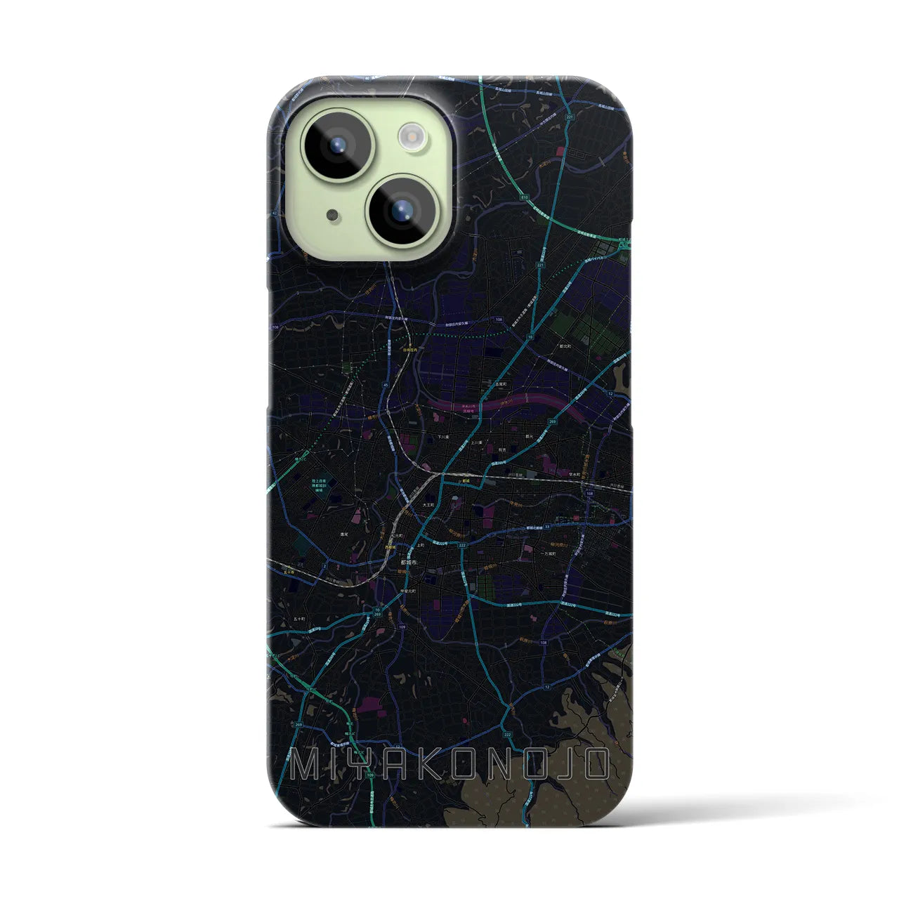 【都城】地図柄iPhoneケース（バックカバータイプ・ブラック）iPhone 15 用