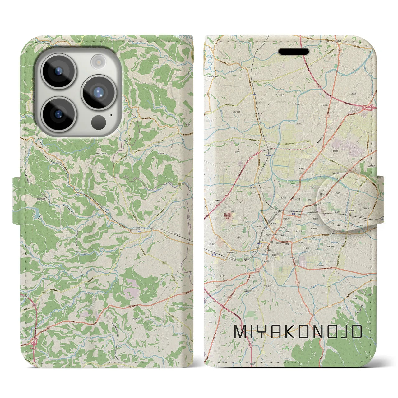 【都城】地図柄iPhoneケース（手帳両面タイプ・ナチュラル）iPhone 15 Pro 用