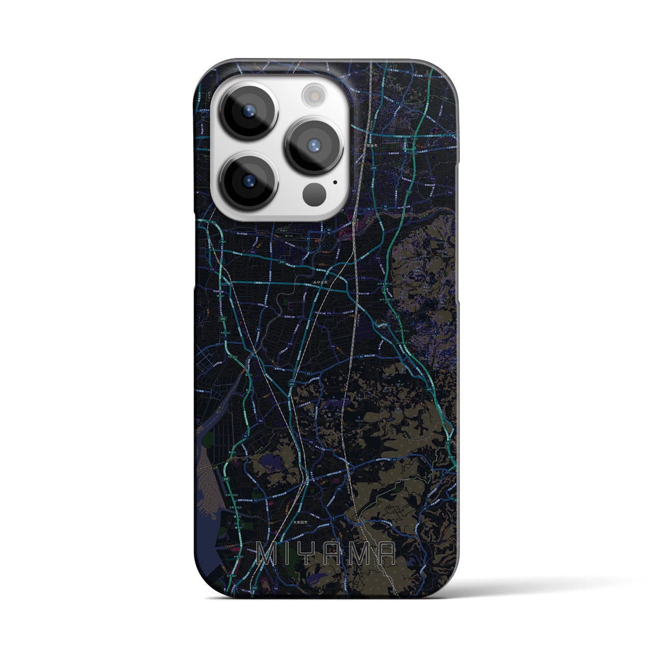 【みやま】地図柄iPhoneケース（バックカバータイプ・ブラック）iPhone 14 Pro 用