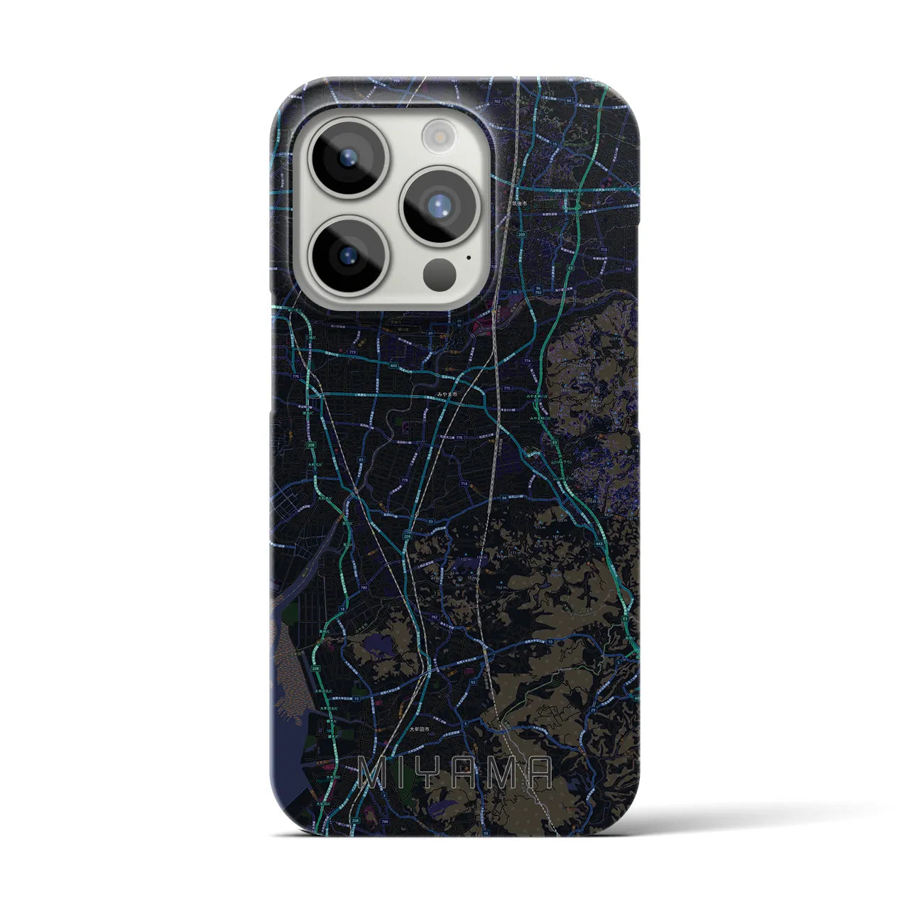 【みやま】地図柄iPhoneケース（バックカバータイプ・ブラック）iPhone 15 Pro 用