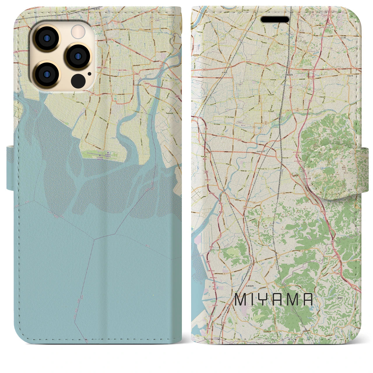 【みやま】地図柄iPhoneケース（手帳両面タイプ・ナチュラル）iPhone 12 Pro Max 用