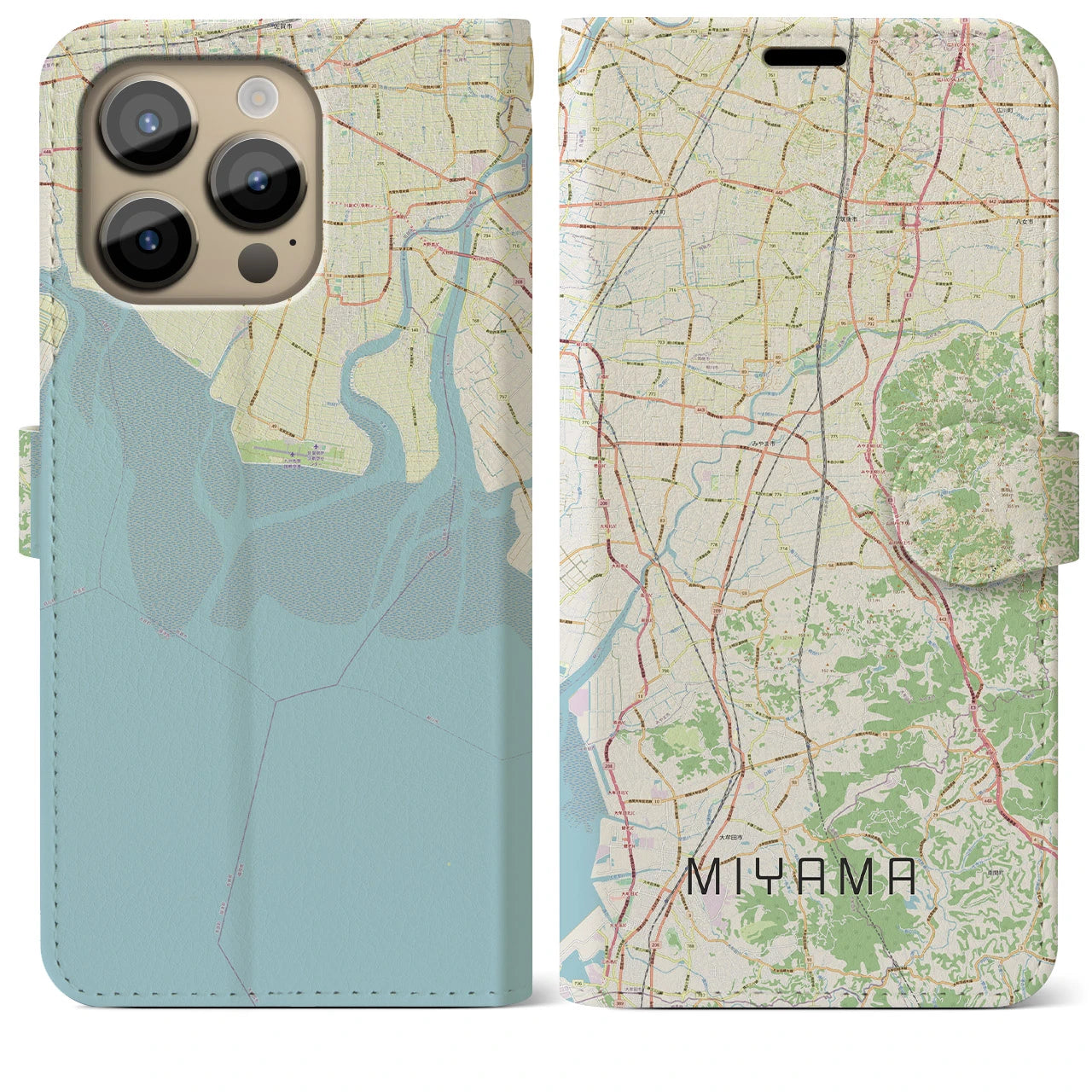 【みやま】地図柄iPhoneケース（手帳両面タイプ・ナチュラル）iPhone 14 Pro Max 用