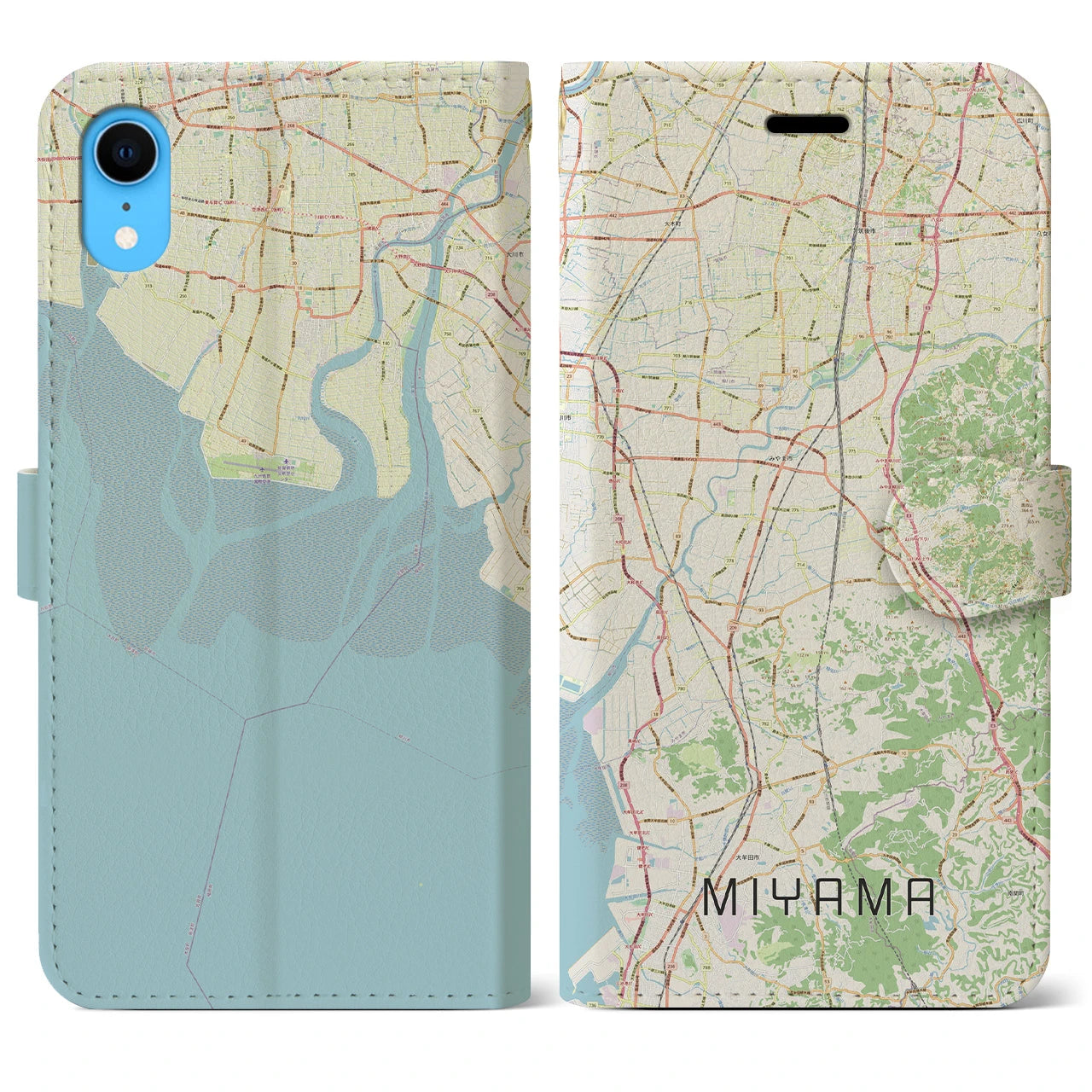 【みやま】地図柄iPhoneケース（手帳両面タイプ・ナチュラル）iPhone XR 用