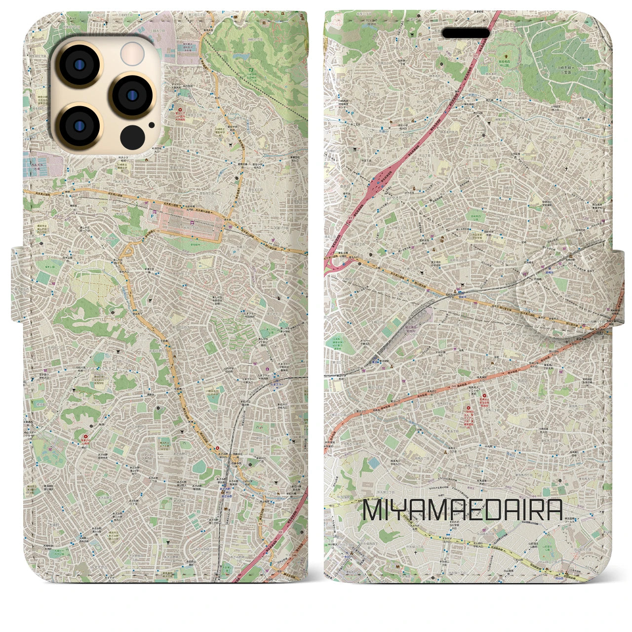 【宮前平】地図柄iPhoneケース（手帳両面タイプ・ナチュラル）iPhone 12 Pro Max 用