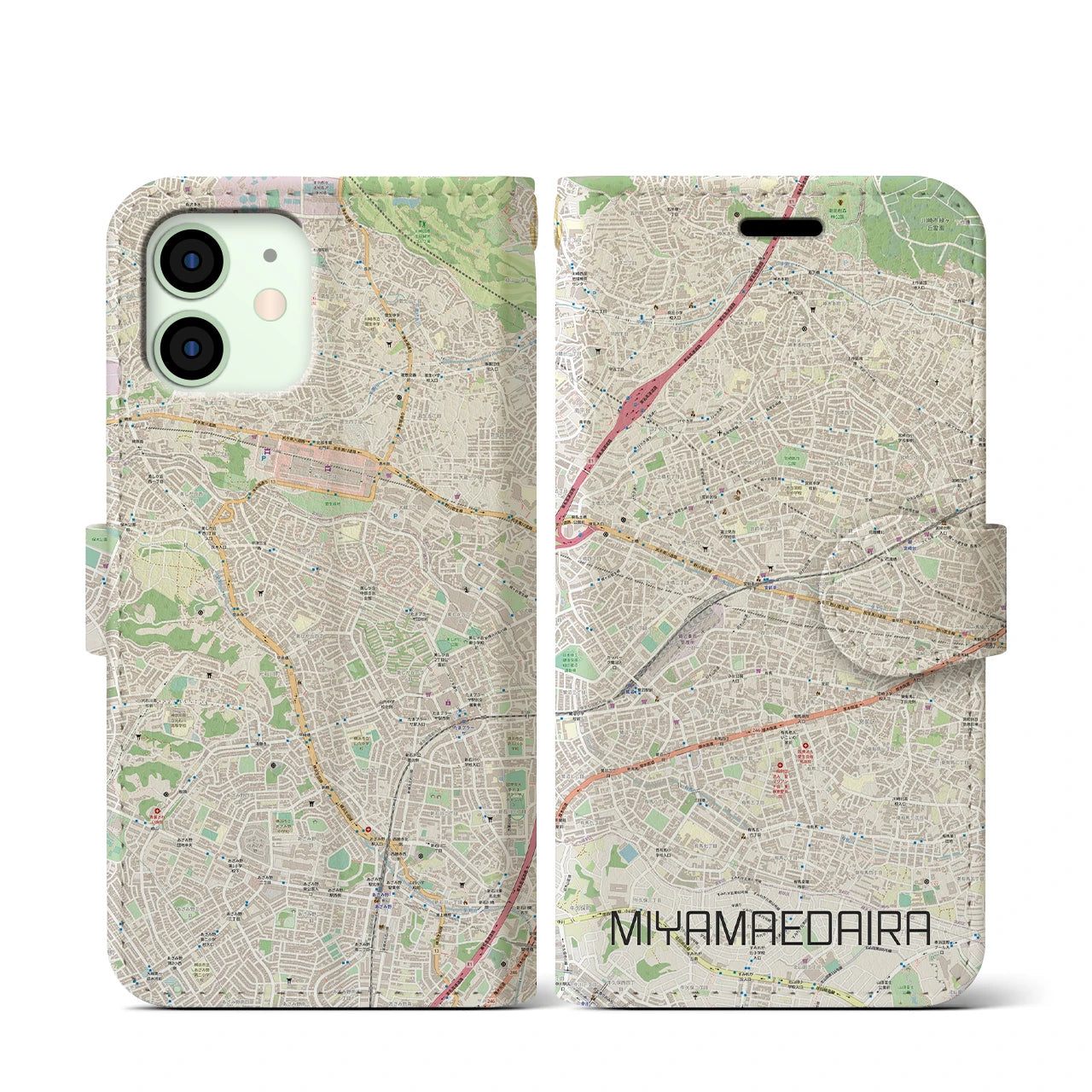 【宮前平】地図柄iPhoneケース（手帳両面タイプ・ナチュラル）iPhone 12 mini 用