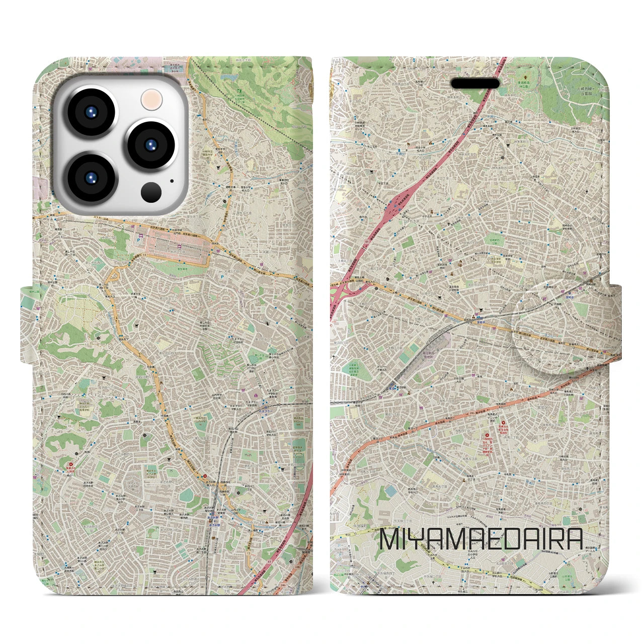 【宮前平】地図柄iPhoneケース（手帳両面タイプ・ナチュラル）iPhone 13 Pro 用