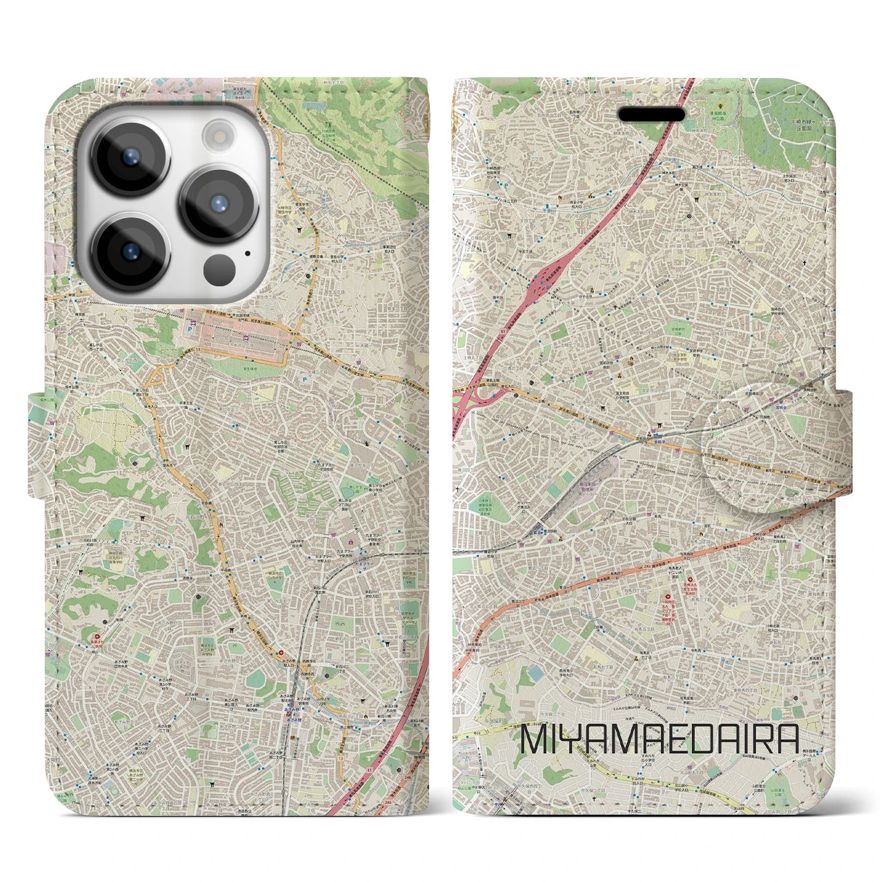 【宮前平】地図柄iPhoneケース（手帳両面タイプ・ナチュラル）iPhone 14 Pro 用