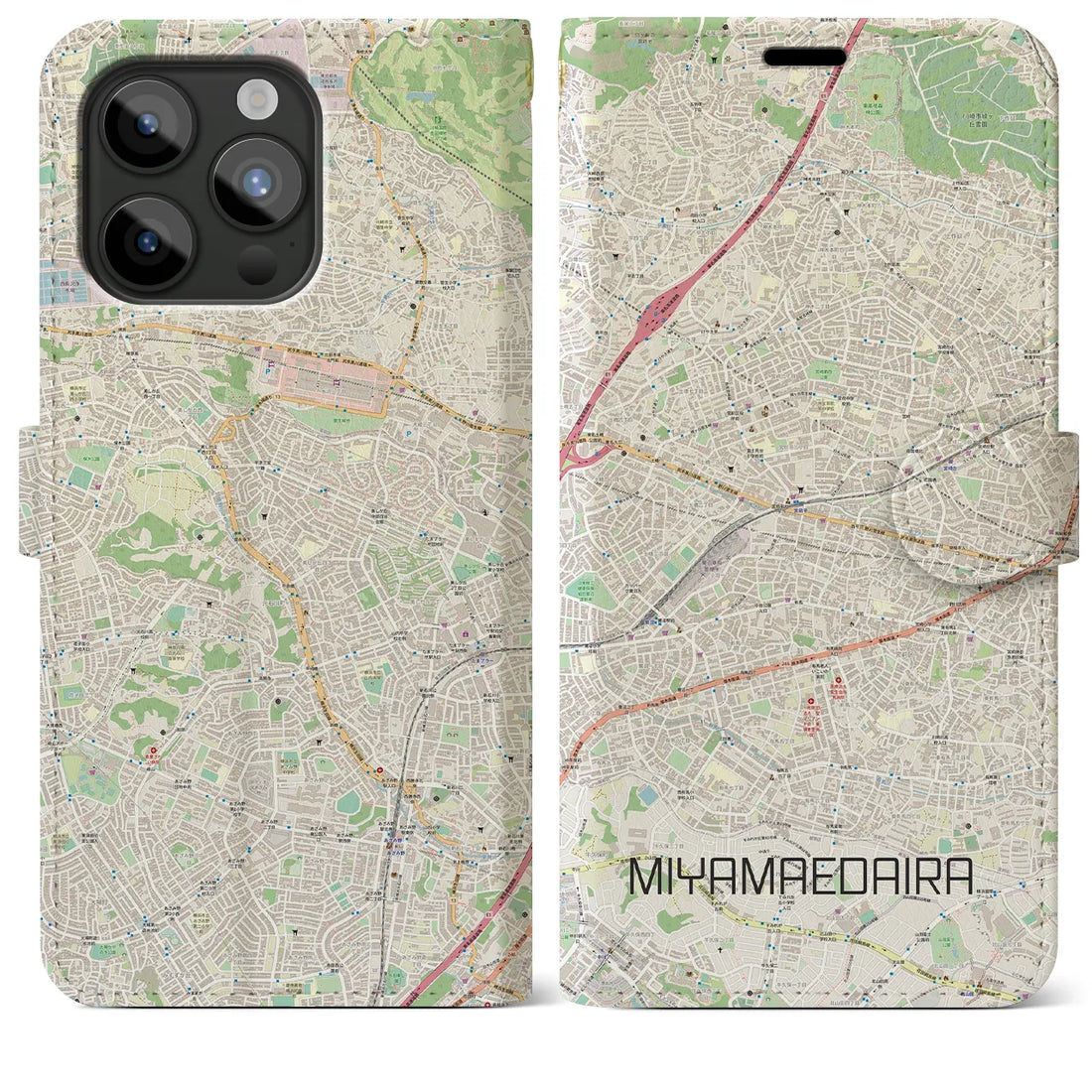 【宮前平】地図柄iPhoneケース（手帳両面タイプ・ナチュラル）iPhone 15 Pro Max 用