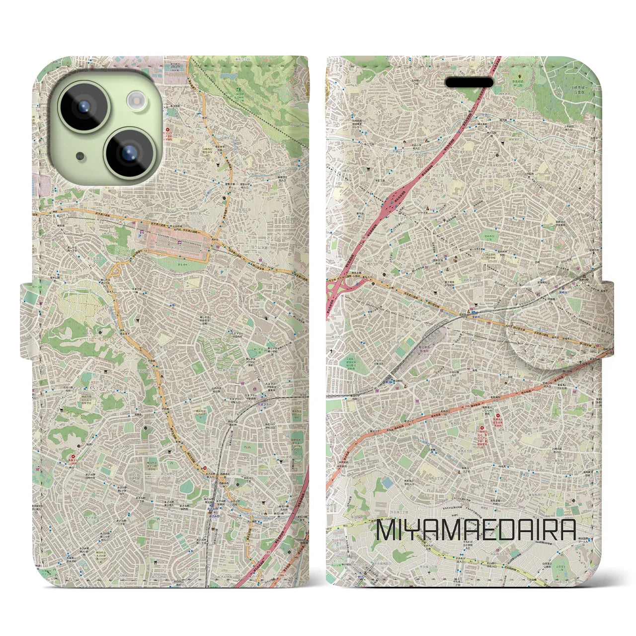 【宮前平】地図柄iPhoneケース（手帳両面タイプ・ナチュラル）iPhone 15 用