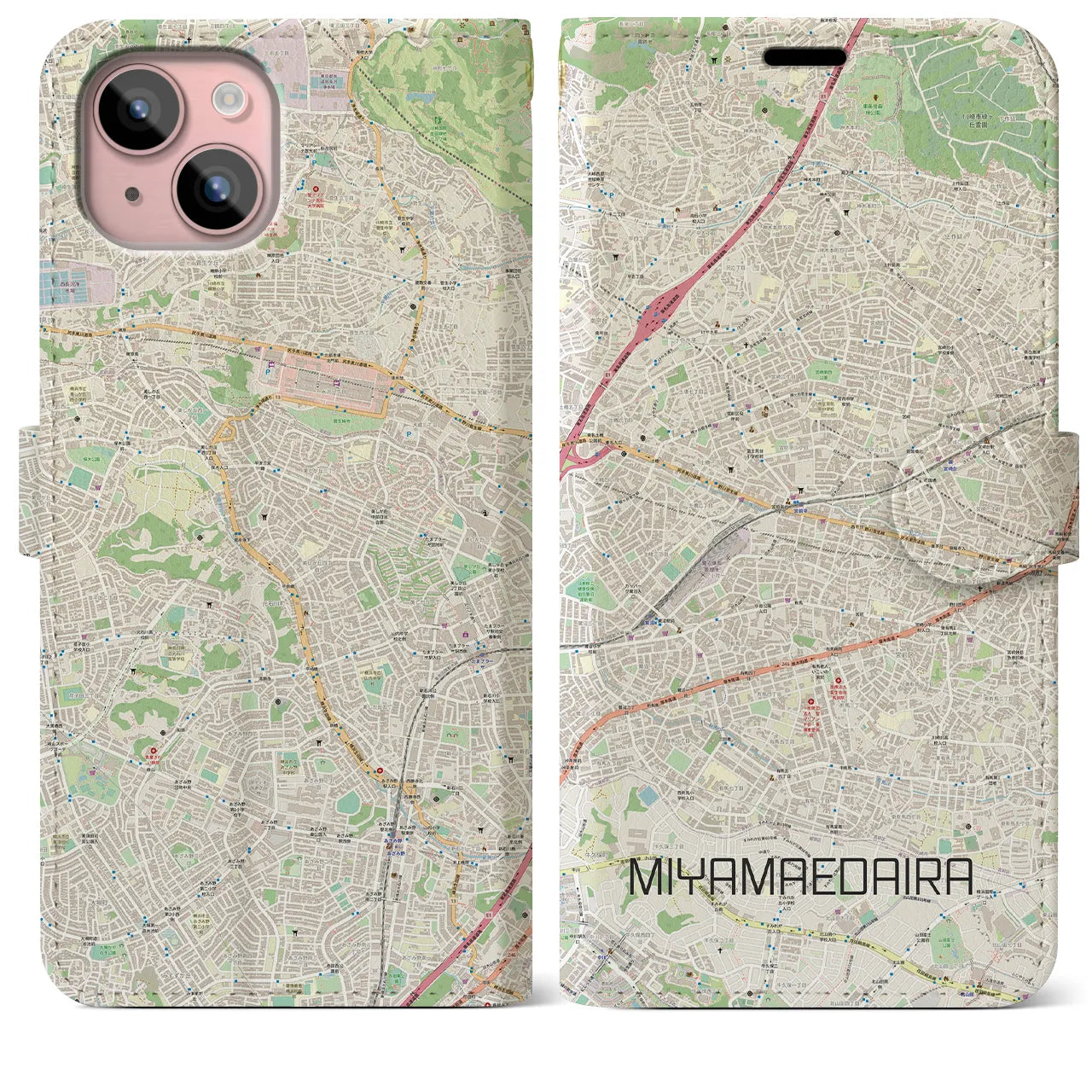 【宮前平】地図柄iPhoneケース（手帳両面タイプ・ナチュラル）iPhone 15 Plus 用