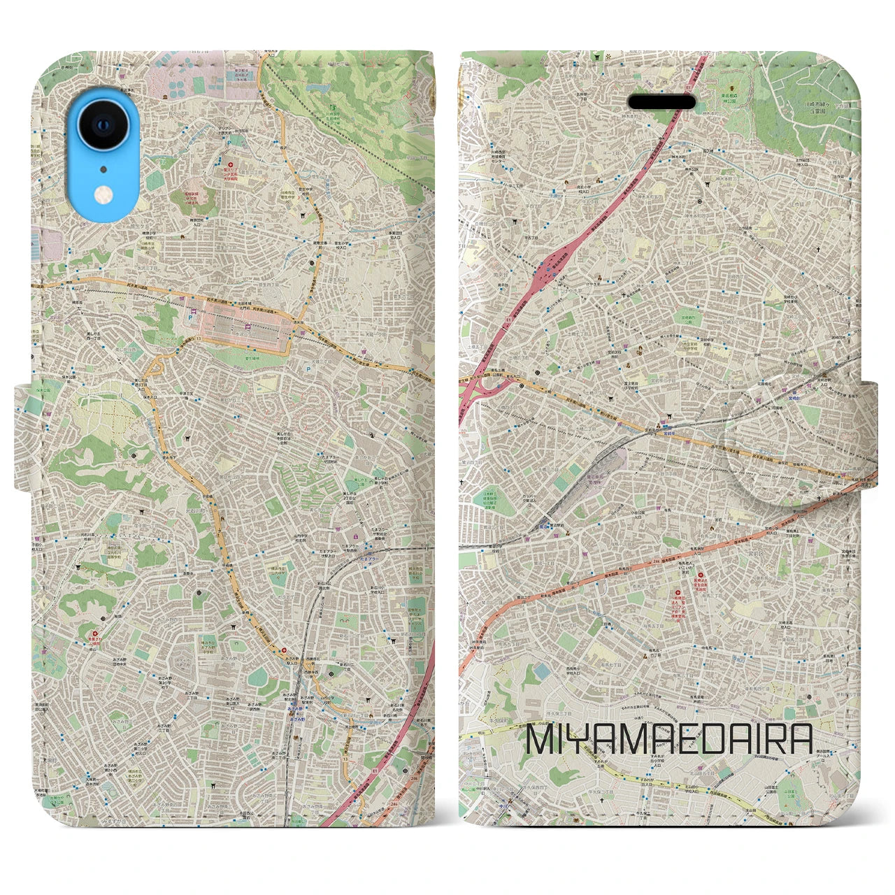 【宮前平】地図柄iPhoneケース（手帳両面タイプ・ナチュラル）iPhone XR 用