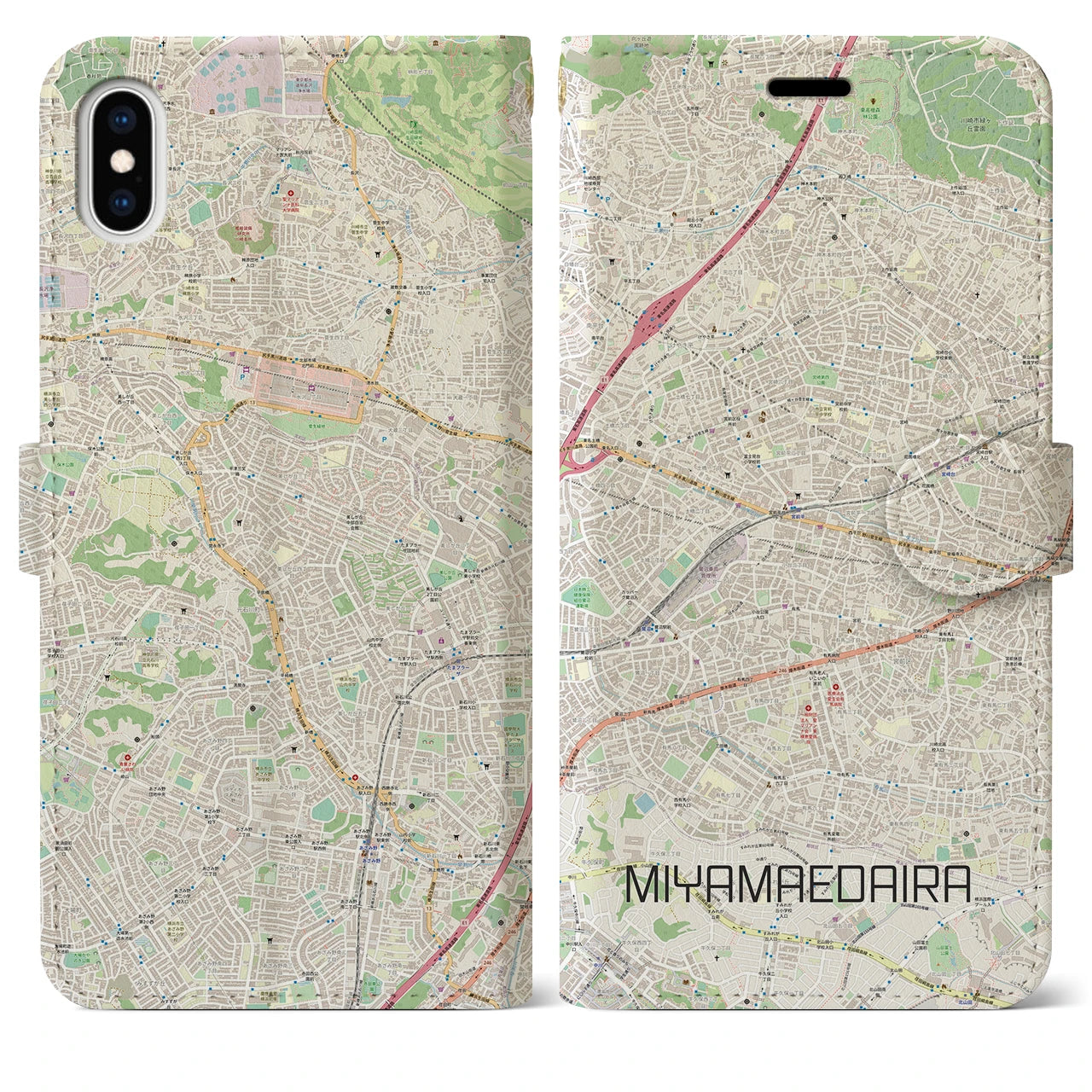 【宮前平】地図柄iPhoneケース（手帳両面タイプ・ナチュラル）iPhone XS Max 用