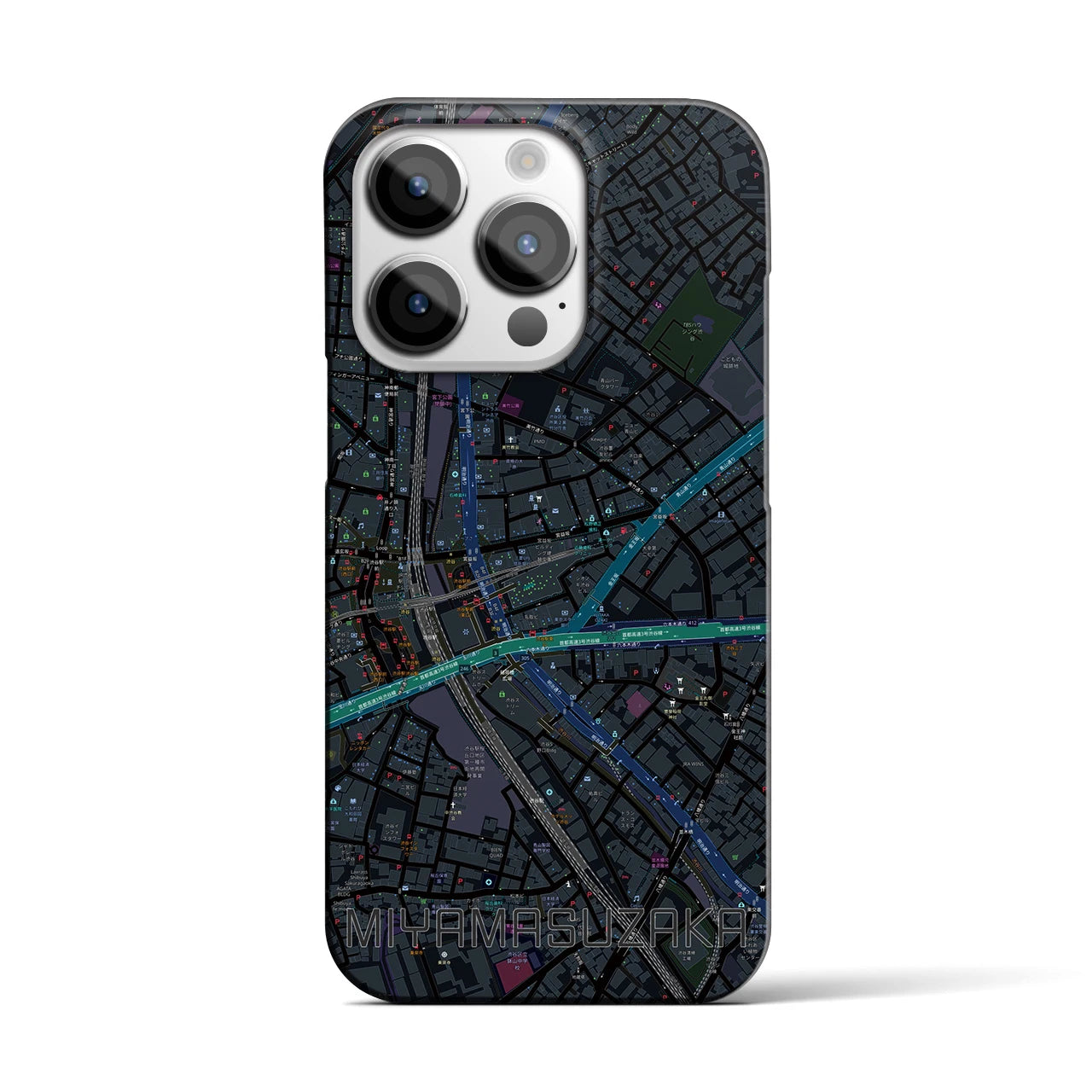 【宮益坂】地図柄iPhoneケース（バックカバータイプ・ブラック）iPhone 14 Pro 用