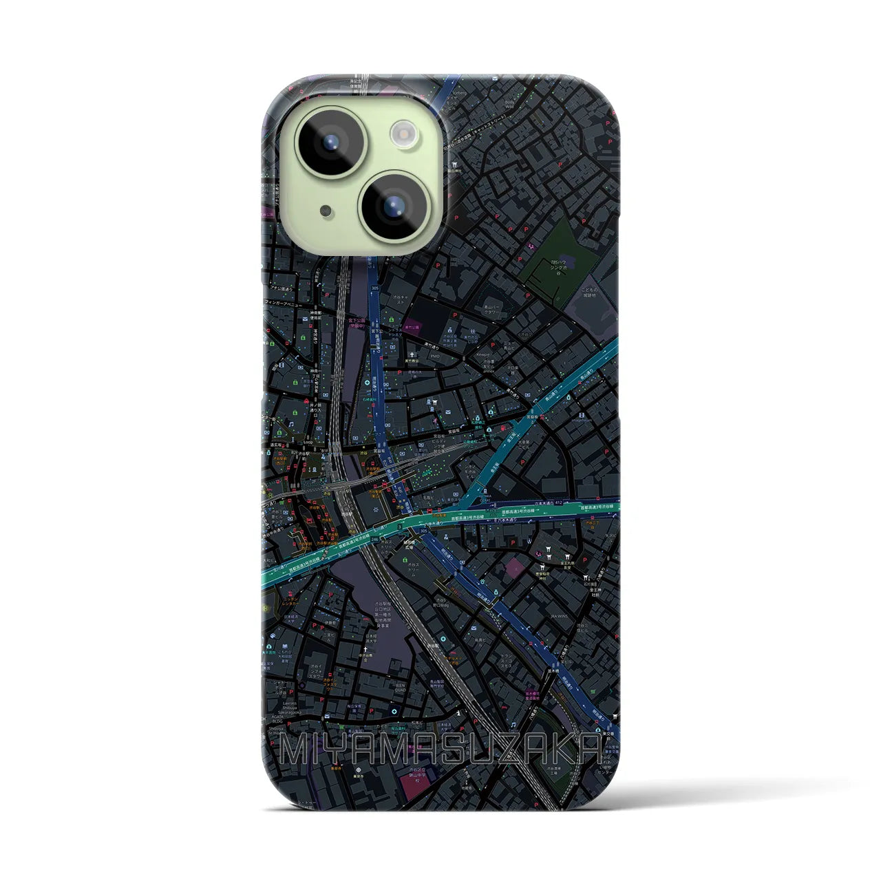 【宮益坂】地図柄iPhoneケース（バックカバータイプ・ブラック）iPhone 15 用