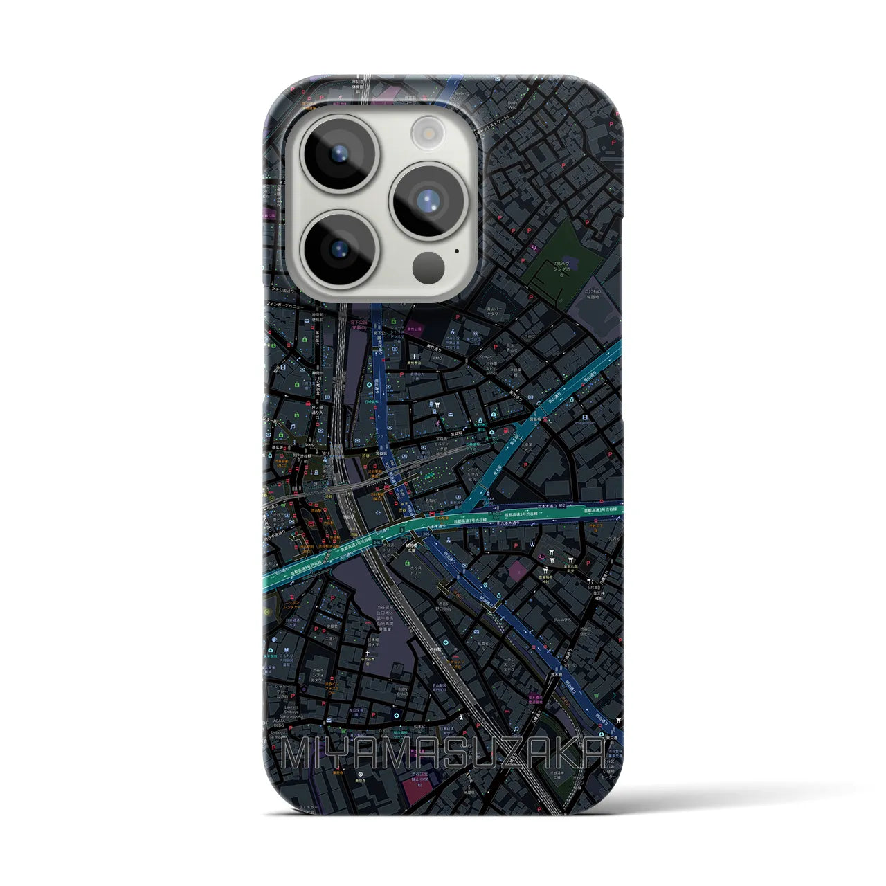 【宮益坂】地図柄iPhoneケース（バックカバータイプ・ブラック）iPhone 15 Pro 用