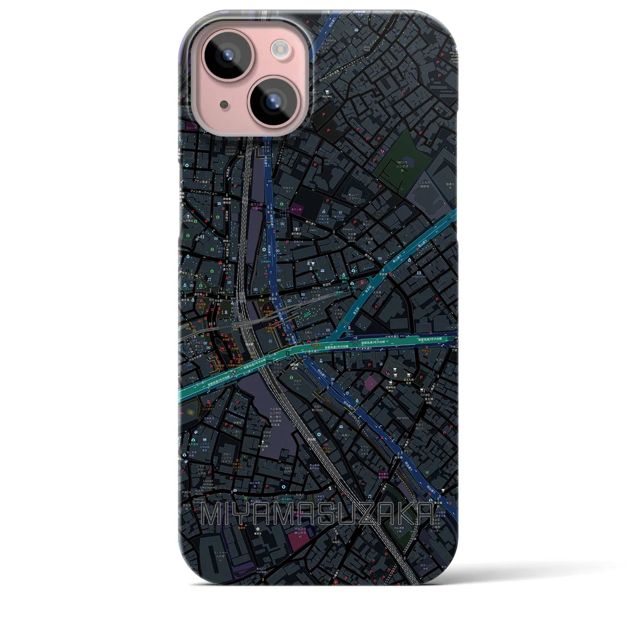 【宮益坂】地図柄iPhoneケース（バックカバータイプ・ブラック）iPhone 15 Plus 用