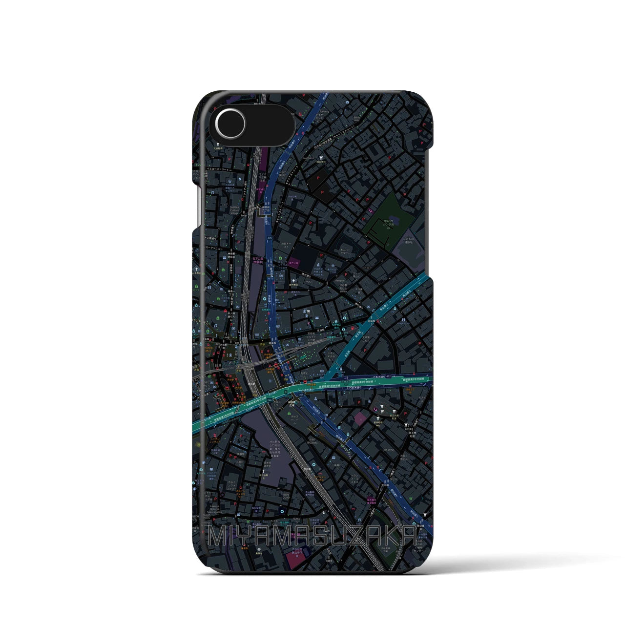 【宮益坂】地図柄iPhoneケース（バックカバータイプ・ブラック）iPhone SE（第3 / 第2世代） / 8 / 7 / 6s / 6 用