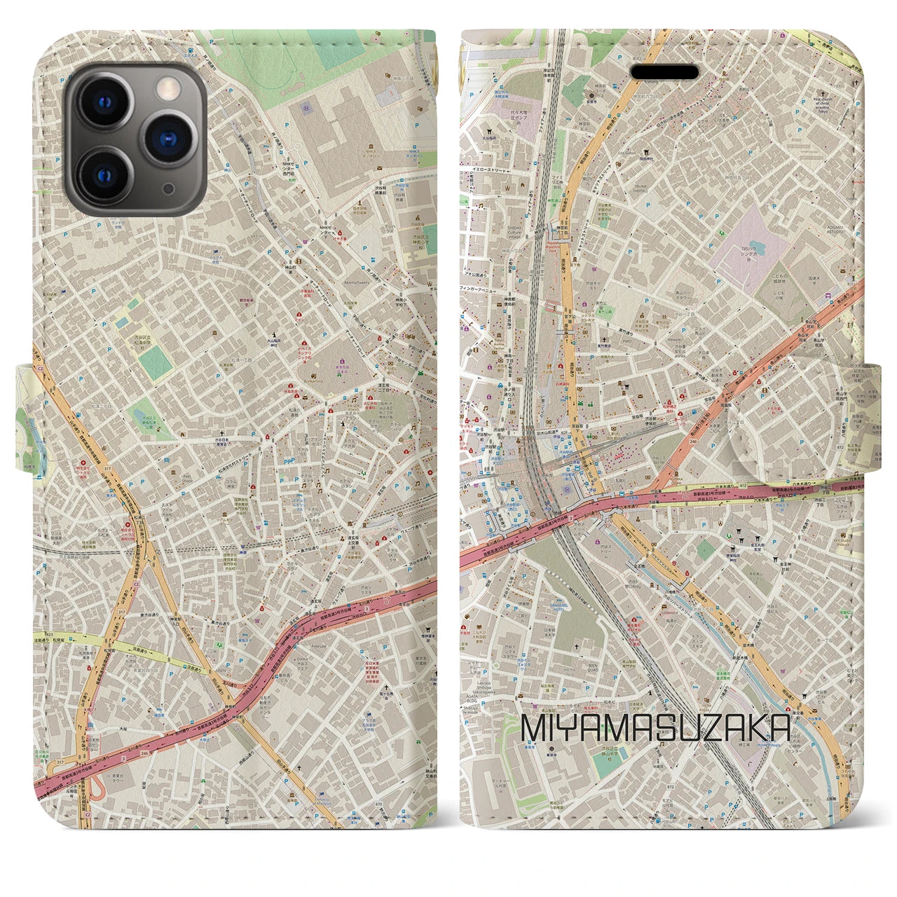 【宮益坂】地図柄iPhoneケース（手帳両面タイプ・ナチュラル）iPhone 11 Pro Max 用