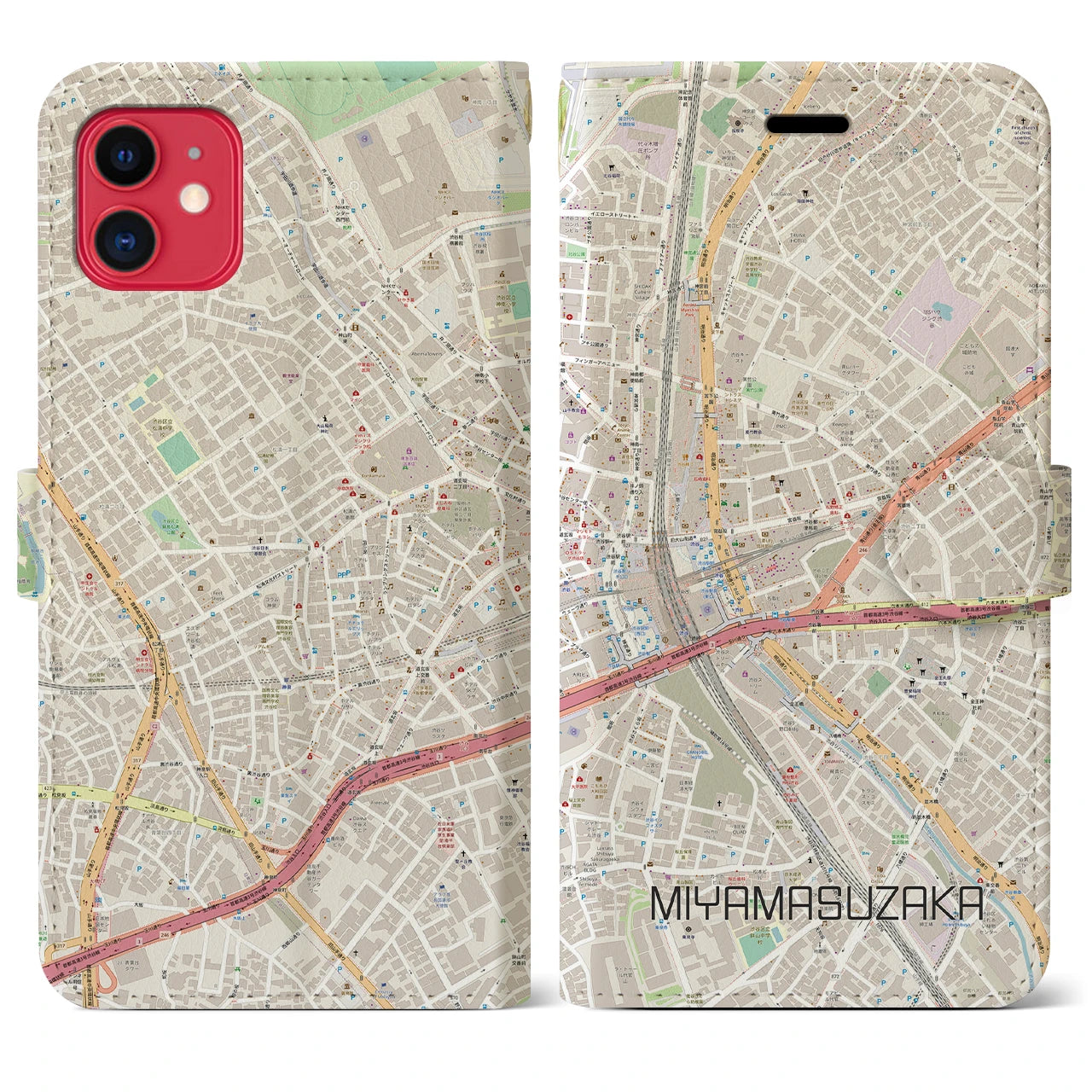【宮益坂】地図柄iPhoneケース（手帳両面タイプ・ナチュラル）iPhone 11 用