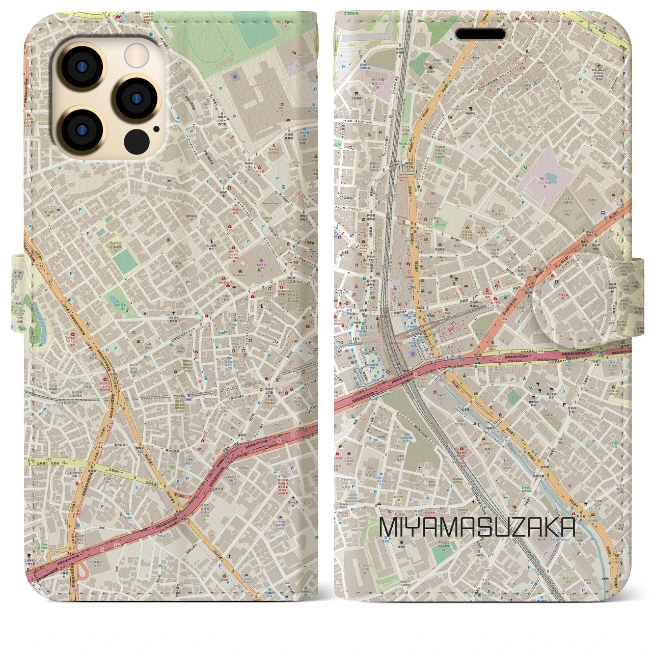 【宮益坂】地図柄iPhoneケース（手帳両面タイプ・ナチュラル）iPhone 12 Pro Max 用