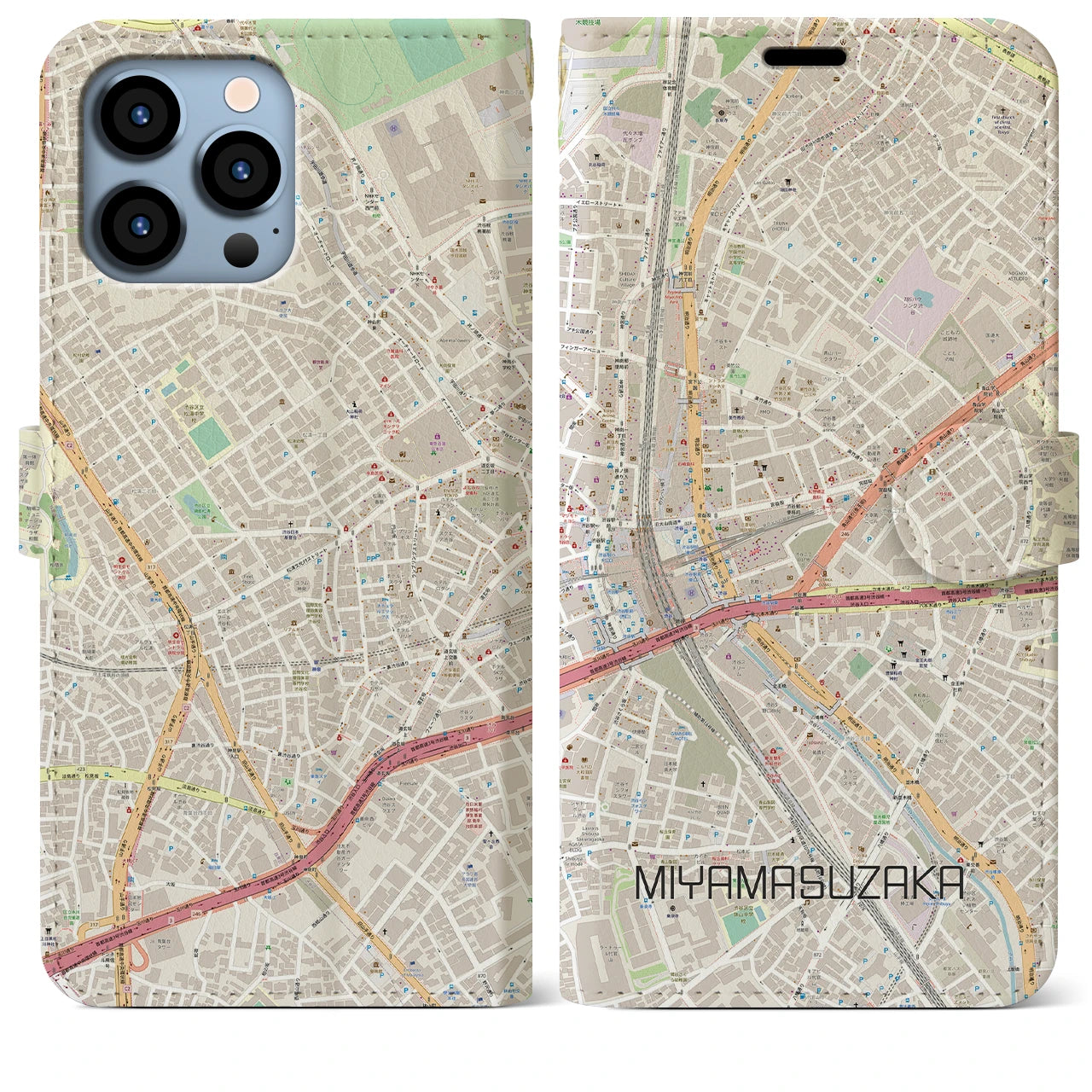 【宮益坂】地図柄iPhoneケース（手帳両面タイプ・ナチュラル）iPhone 13 Pro Max 用