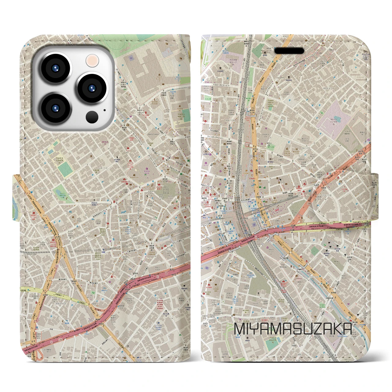 【宮益坂】地図柄iPhoneケース（手帳両面タイプ・ナチュラル）iPhone 13 Pro 用