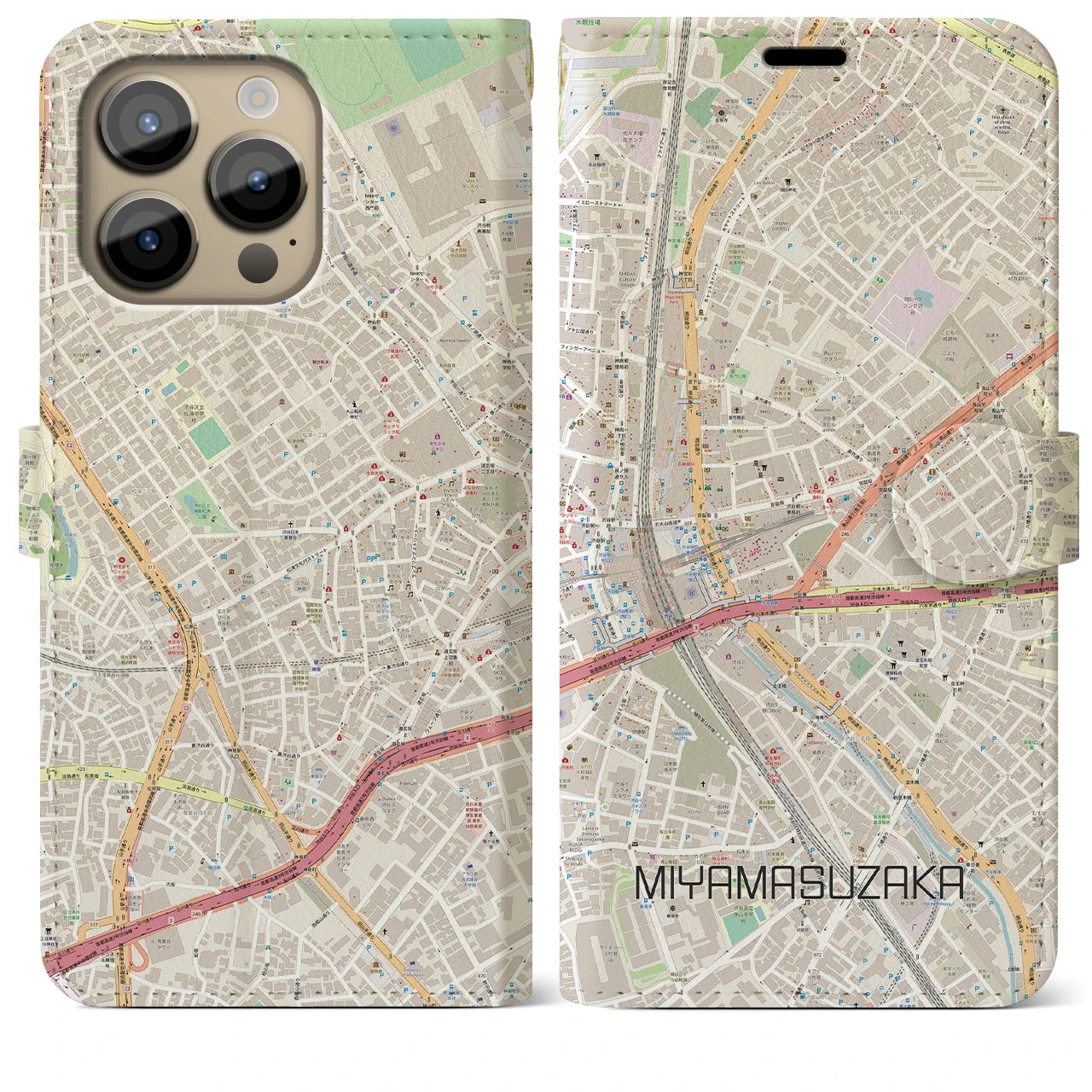 【宮益坂】地図柄iPhoneケース（手帳両面タイプ・ナチュラル）iPhone 14 Pro Max 用
