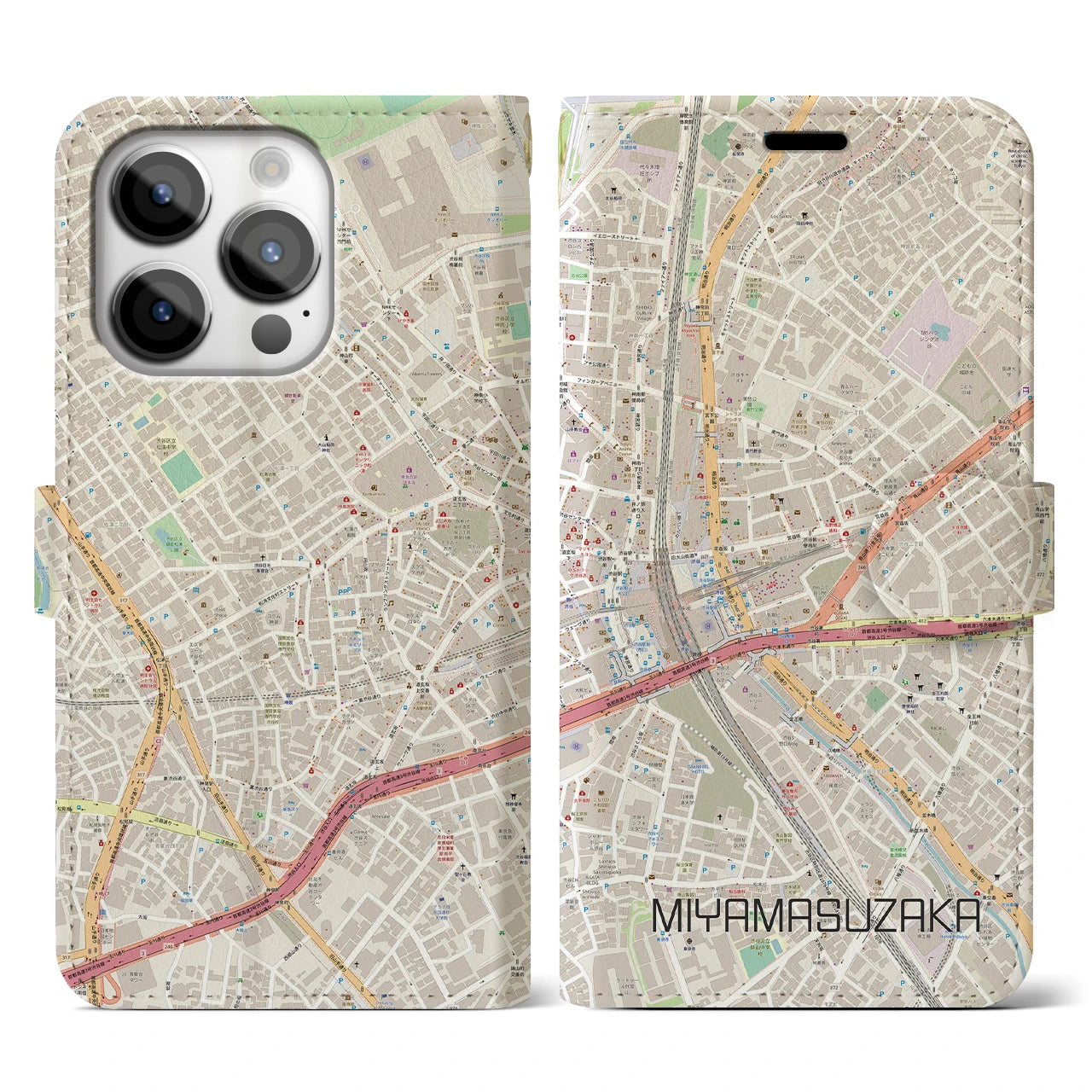 【宮益坂】地図柄iPhoneケース（手帳両面タイプ・ナチュラル）iPhone 14 Pro 用
