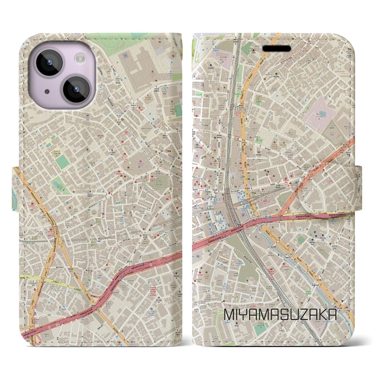 【宮益坂】地図柄iPhoneケース（手帳両面タイプ・ナチュラル）iPhone 14 用