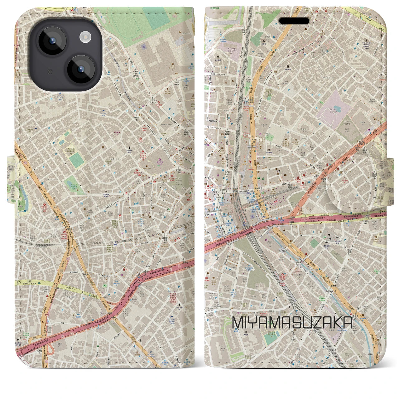 【宮益坂】地図柄iPhoneケース（手帳両面タイプ・ナチュラル）iPhone 14 Plus 用