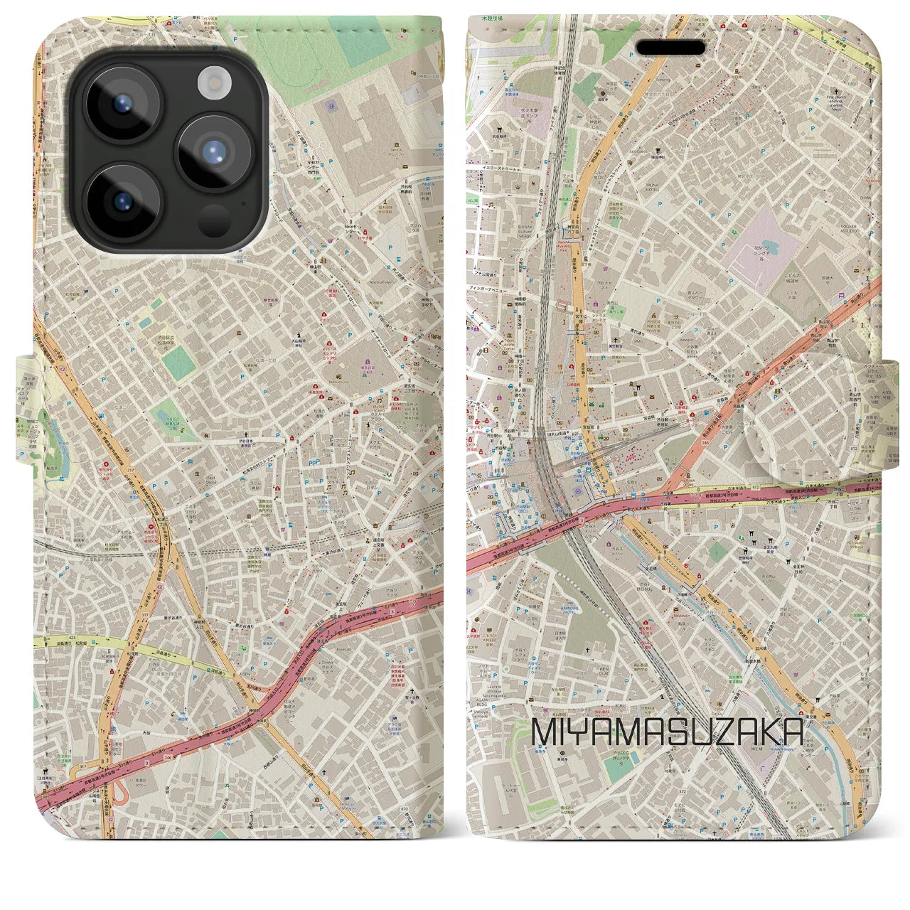 【宮益坂】地図柄iPhoneケース（手帳両面タイプ・ナチュラル）iPhone 15 Pro Max 用