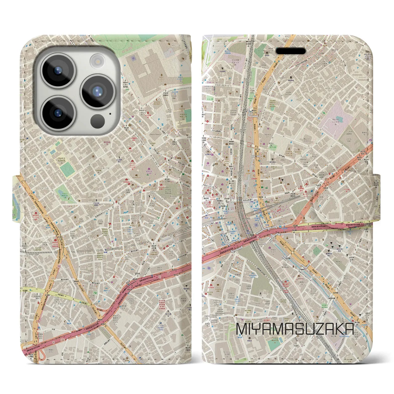 【宮益坂】地図柄iPhoneケース（手帳両面タイプ・ナチュラル）iPhone 15 Pro 用