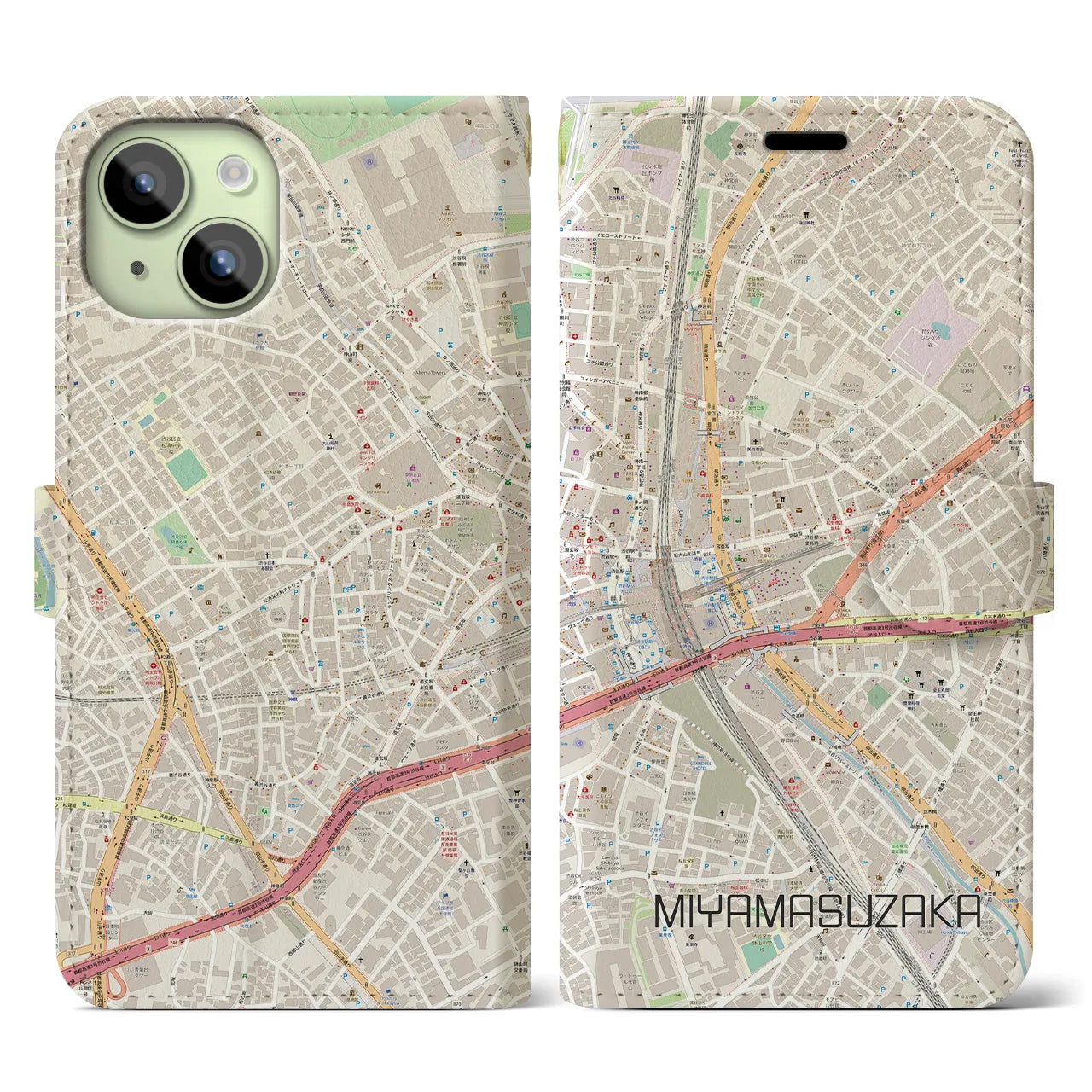 【宮益坂】地図柄iPhoneケース（手帳両面タイプ・ナチュラル）iPhone 15 用